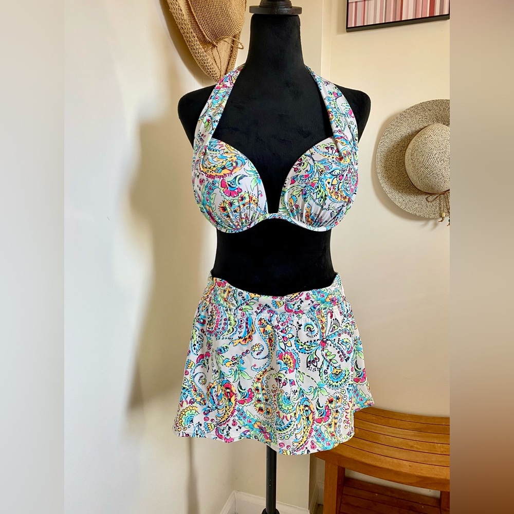 Halter Paisley Print Bikini Top & Skirt Set - White/Multi